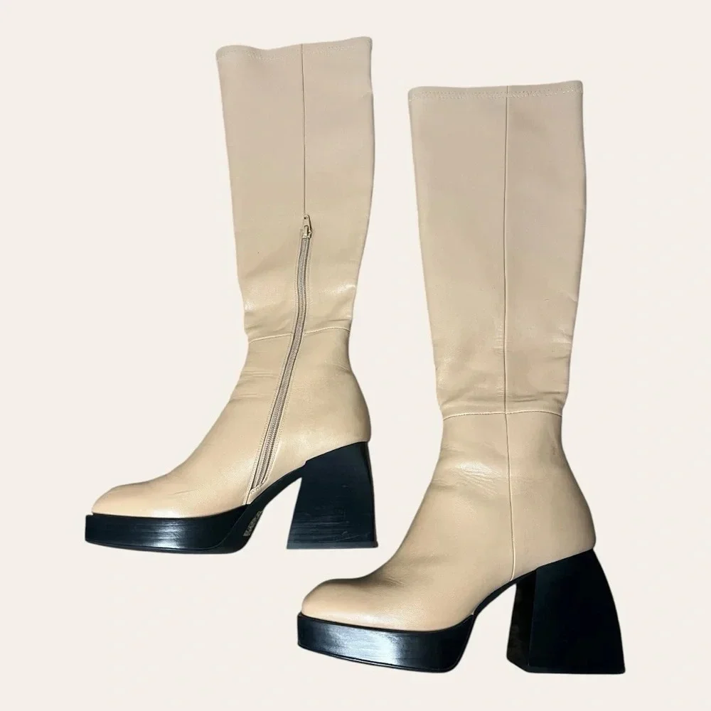 Jeffrey Campbell Dauphin Over The Knee Tan Boots Square Toe Platform Heel 8.5